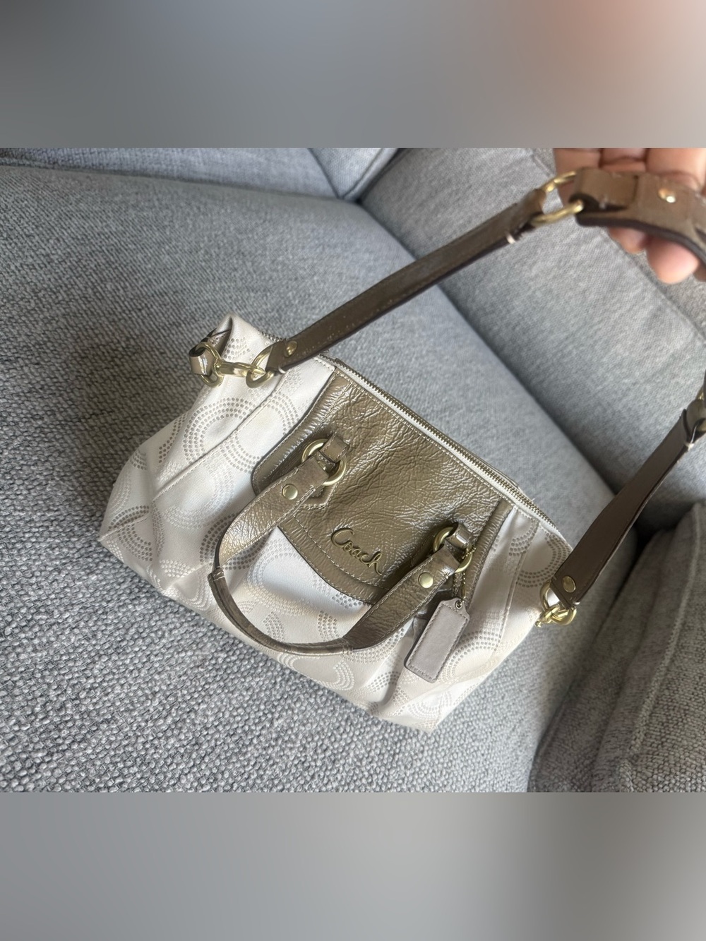 Coach Ivory and Taupe Signature Satchel with Gold Hardware